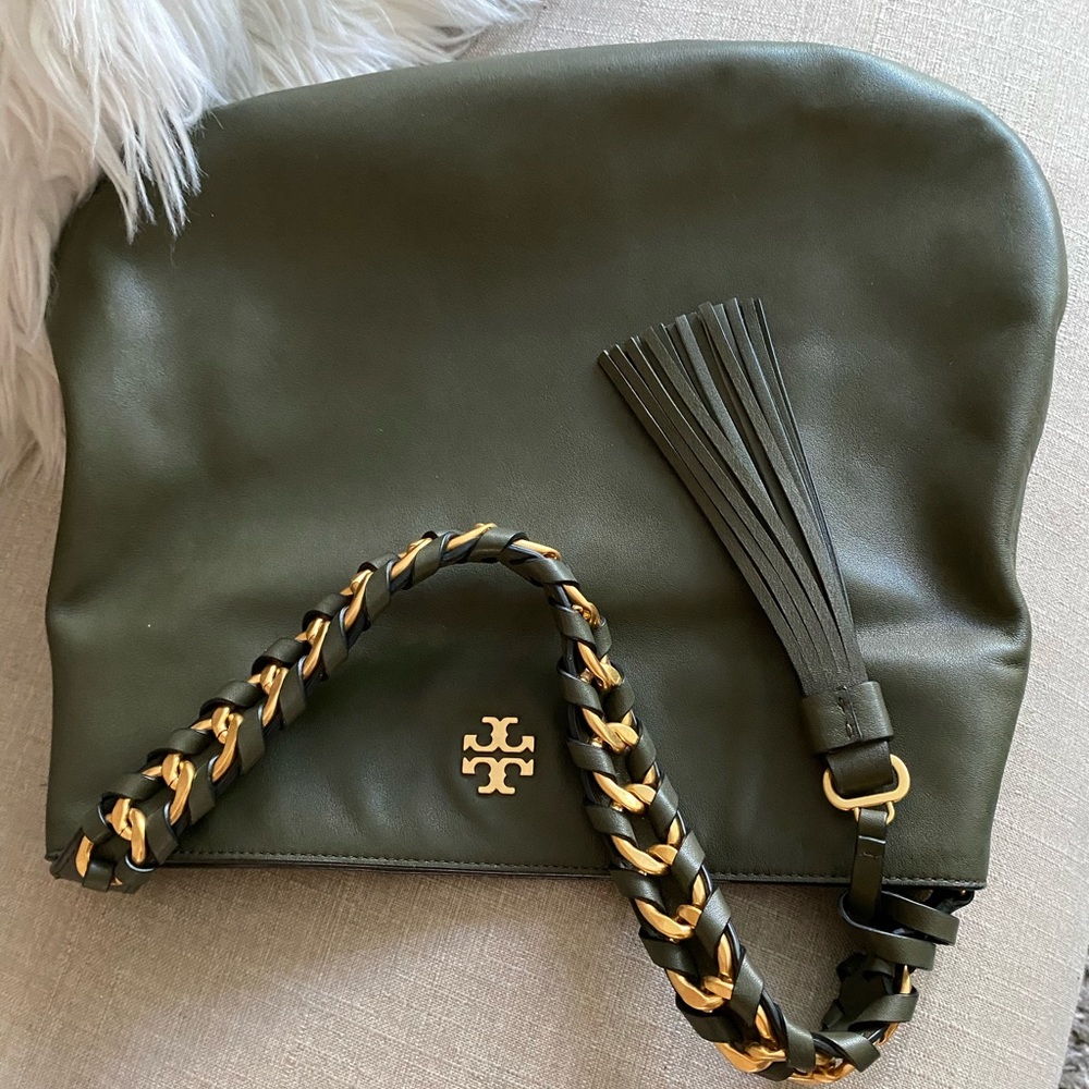 Tory Burch Olive Green Leather Shoulder Bag with Gold Chain
